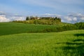 Tuscany spring, rolling hills and windmill on sunset.