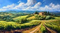 Tuscany summer landscape beautiful and moody oil painting on canvas, countryside flowers and meadows