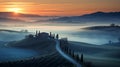 Tuscany Sunrise: A Photo-realistic Landscape With Misty Atmosphere Royalty Free Stock Photo