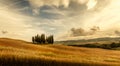 Tuscany sunset Landscape panorama. Hills, cypress and meadow Royalty Free Stock Photo