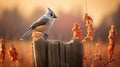 Dreamy Tufted Titmice Perched On Fence Railing In Midwest Gothic Style