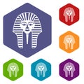 Tutankhamen mask icons set hexagon