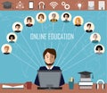 Tutor and his online education group on the world map background. Concept of distance education and e-learning. Royalty Free Stock Photo