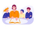Tutor, mother teaches lessons with children. Woman teacher reads a book to kids. Vector illustration in flat style. Royalty Free Stock Photo