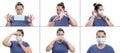 Tutorial how to wear medical mask correctly by white female model Royalty Free Stock Photo