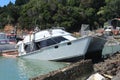 2022 Tutukaka boats in marina destroyed by tsunami from Tonga. Royalty Free Stock Photo