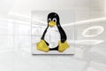 Linux tux on glossy office wall realistic texture