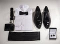 Tuxedo. Arm buttons, white shirt, black bow tie, belt, classic shoes and wallet Royalty Free Stock Photo