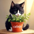 Tuxedo Kitten Smelling a Potted Catnip Plant