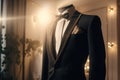 Tuxedo on mannequin in dark room. Luxury evening wear