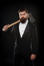 Tuxedo party boss. brutal man hispter hold axe black background. confident businessman formal suit. serious male barber