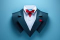 Tuxedo with red bow tie is featured on vibrant blue background. This image can be used for formal events, fashion presen Royalty Free Stock Photo
