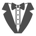 Tuxedo solid icon, Sea cruise concept, gentleman formal dinner jacket sign on white background, tuxedo and bow tie icon