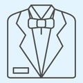 Tuxedo thin line icon. Black mens jacket and bow tie. Wedding asset vector design concept, outline style pictogram on Royalty Free Stock Photo