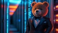 The tuxedoed bear stands confidently in the server room Royalty Free Stock Photo