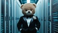A tuxedoed teddy bear stands confidently in an office Royalty Free Stock Photo