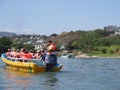 Yellow motor boat with tourists on Grijalva river landscape at Sumidero canyon of Chiapas State in Mexico Royalty Free Stock Photo