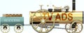 Tv ads and success - symbolized by a retro steam car with word Tv ads pulling a success wagon loaded with gold bars to show that
