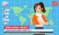TV anchor woman reader on a television program reporting news with world map infographic background