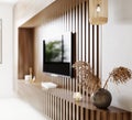 TV area in living room close up, fluted wooden panel with modern decoration, pendant light, living room interior background, tv