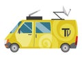 Tv broadcasting vehicle with satellite dish on the roof. Car with antenna for reporting news. Auto side view. Journalist