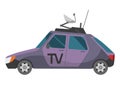 Tv broadcasting vehicle with satellite dish on the roof. Car with antenna for reporting news. Auto side view. Journalist