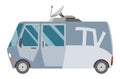 Tv broadcasting vehicle with satellite dish on the roof. Car with antenna for reporting news. Auto side view. Journalist