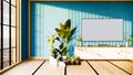 Tv cabinet in japanese living room on blue sky wall background,3d rendering Royalty Free Stock Photo