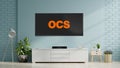 Modern living room and television with OCS logo on flat screen