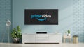 Modern living room and television with Prime video logo on flat screen