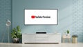 Modern living room and television with Youtube Premium logo on flat screen