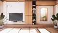 TV cabinet and shelf wall design zen interior of living room japanese style.3d rendering Royalty Free Stock Photo