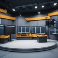 TV or Cable New Live Studio Set Interior, Empty News Or Show Setup, Round With Futuristic Elements and Spot Lights, Led Strips Royalty Free Stock Photo