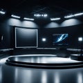 TV or Cable New Live Studio Set Interior, Empty News Or Show Setup, Round With Futuristic Elements and Spot Lights, Led Strips Royalty Free Stock Photo