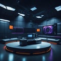 TV or Cable New Live Studio Set Interior, Empty News Or Show Setup, Round With Futuristic Elements and Spot Lights, Led Strips Royalty Free Stock Photo