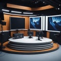 TV or Cable New Live Studio Set Interior, Empty News Or Show Setup, Round With Futuristic Elements and Spot Lights, Led Strips Royalty Free Stock Photo