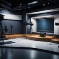 TV or Cable New Live Studio Set Interior, Empty News Or Show Setup, Round With Futuristic Elements and Spot Lights, Led Strips Royalty Free Stock Photo