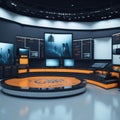 TV or Cable New Live Studio Set Interior, Empty News Or Show Setup, Round With Futuristic Elements and Spot Lights, Led Strips Royalty Free Stock Photo