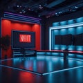 TV or Cable New Live Studio Set Interior, Empty News Or Show Setup, Round With Futuristic Elements and Spot Lights, Led Strips Royalty Free Stock Photo