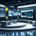 TV or Cable New Live Studio Set Interior, Empty News Or Show Setup, Round With Futuristic Elements and Spot Lights, Led Strips Royalty Free Stock Photo