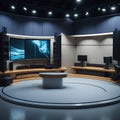 TV or Cable New Live Studio Set Interior, Empty News Or Show Setup, Round With Futuristic Elements and Spot Lights, Led Strips Royalty Free Stock Photo