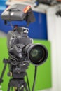 TV camera in the Studio. Teleprompter and professional high-definition video camera on a tripod