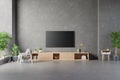 TV on cement stan in modern living room with lamp,table,flower and plant on cement wall background Royalty Free Stock Photo