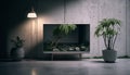 TV on cement stand in modern living room with lamp, table, flower and plant on cement wall background. Generative AI Royalty Free Stock Photo