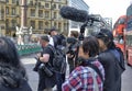 TV crew stationed in front of the abbey entrance of Westminster Abbey