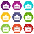 TV with the Debate inscription icon set color hexahedron