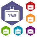 TV with the Debate inscription icons set hexagon