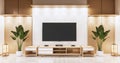Tv on empty wall background and wall wooden japanese design on living room zen style.3D rendering Royalty Free Stock Photo