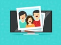 TV flat screen with photo cards vector illustration, flat cartoon computer lcd monitor or led television display showing Royalty Free Stock Photo