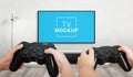 TV gaming mockup. Playing games concept with console gamepads Royalty Free Stock Photo